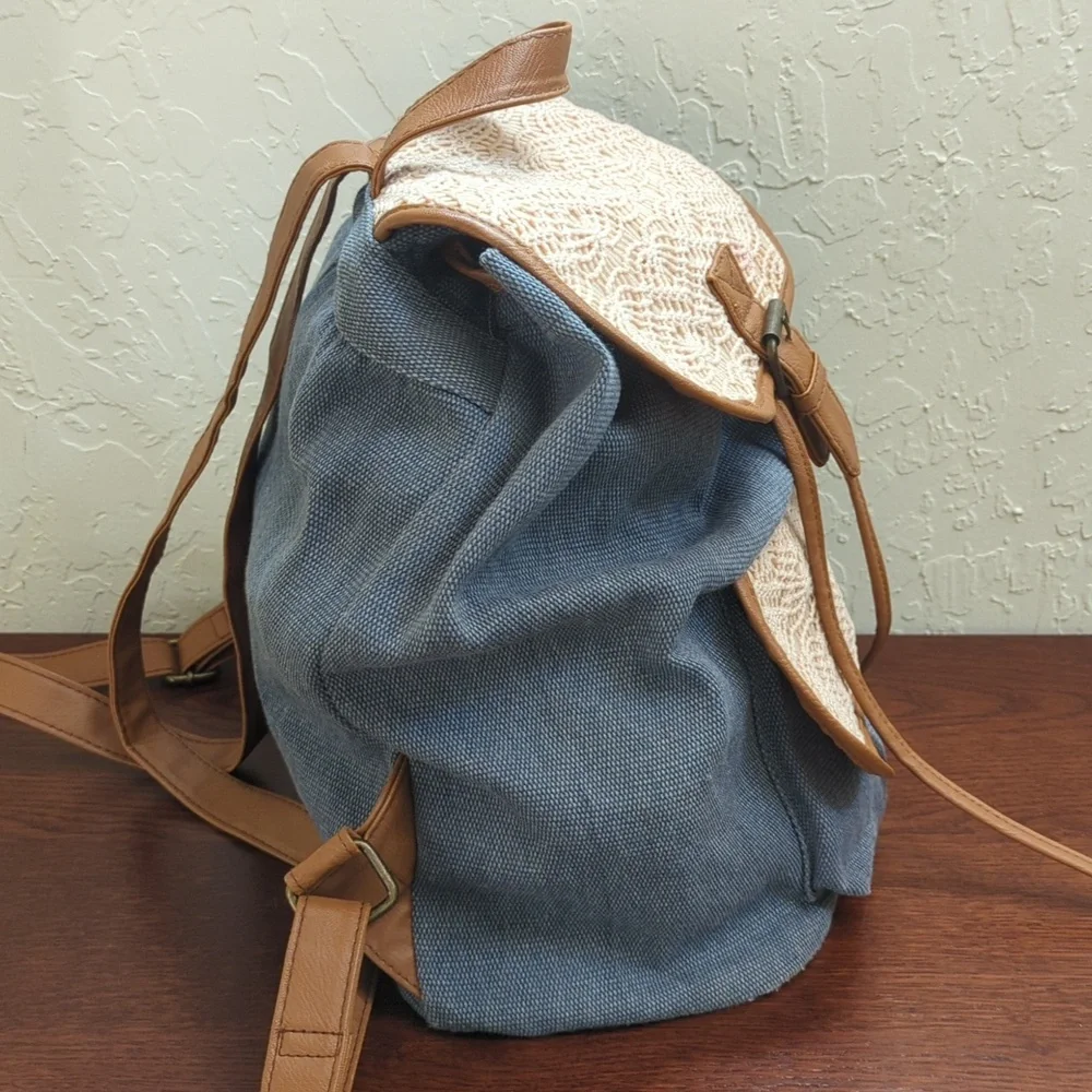 LIKE NEW Rue21 Retro Canvas Crochet and Faux Leather Drawstring Backpack